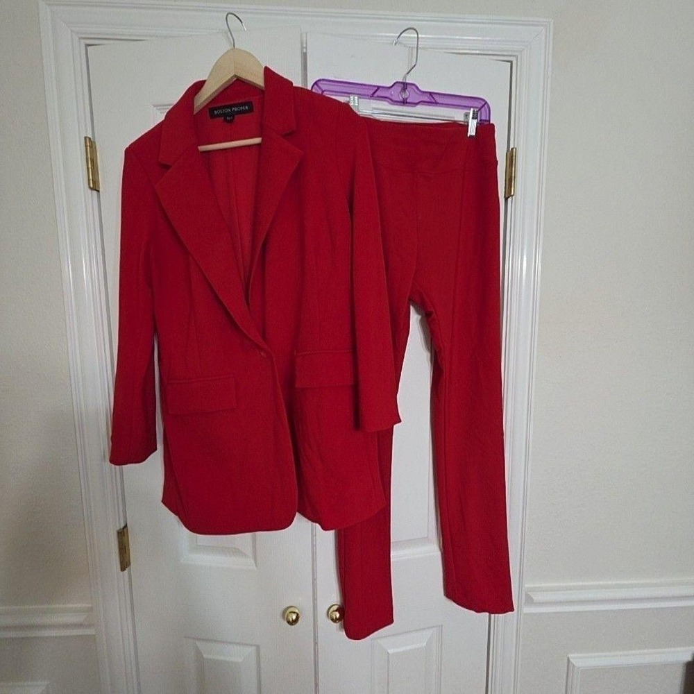 Boston Proper Pantsuit Womens Small Red Ponte 2 Piece Blazer Pants Stretch Lined